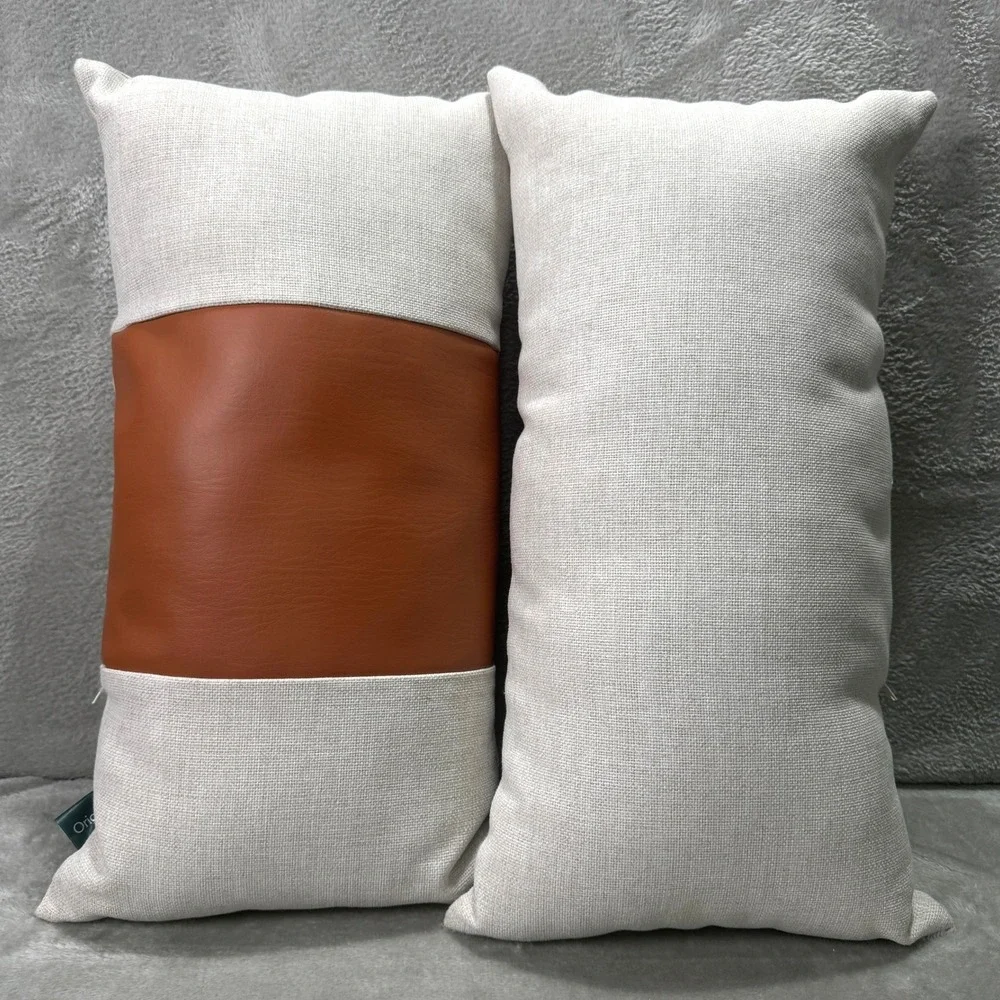 Set of 2 MCM Style Lumbar Throw Pillows Ivory Linen Faux Leather Minimalist